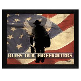 "Bless our Firefighters" By Marla Rae; Printed Wall Art; Ready To Hang Framed Poster; Black Frame