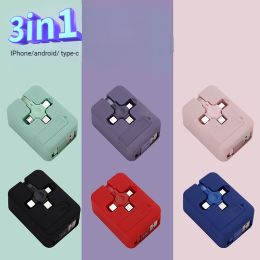 Macaron Three In One Charging Cable Roll; Retractable Charging Cable; 3 In 1 Charging Cable Retractable; Retractable Charging Cable; For Cell Phones; (Color: Cyan)