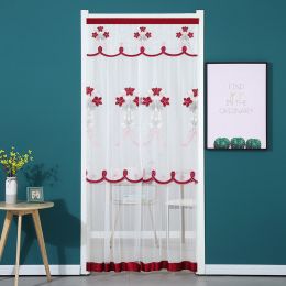 Double Yarn Door Curtain Anti-mosquito Flowers Embroidery Mute Bedroom Living Room Bathroom Universal Partition Home Decoration (Color: Red, size: 90x120cm)