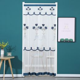 Double Yarn Door Curtain Anti-mosquito Flowers Embroidery Mute Bedroom Living Room Bathroom Universal Partition Home Decoration (Color: Blue, size: 90x120cm)